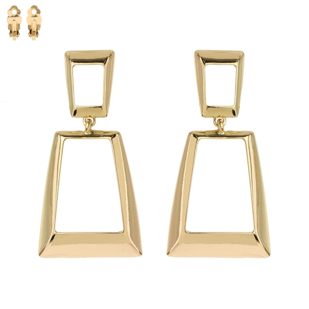 2 Tier Open Trapezoid Shape Metal Dangle Clip On Earrings