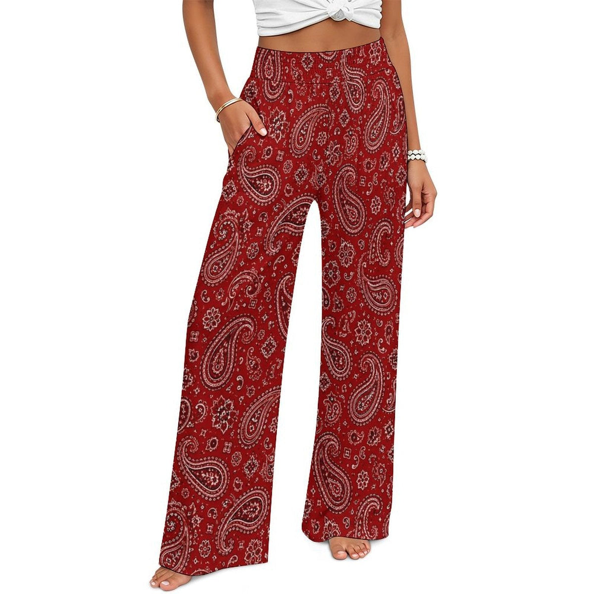 Baha Ranch Red Paisley Bandana Large Print High Waisted Wide Leg Pants