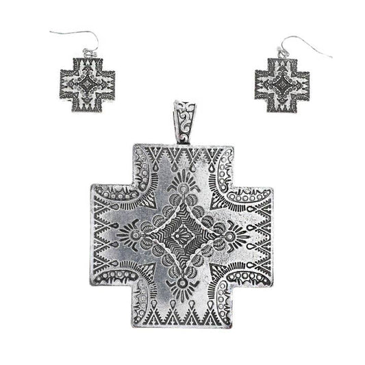 Western Theme Native American Cross Pendant & Earring Set