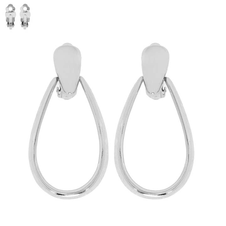 Teardrop Shaped Doorknocker Clip On Earrings SILVER