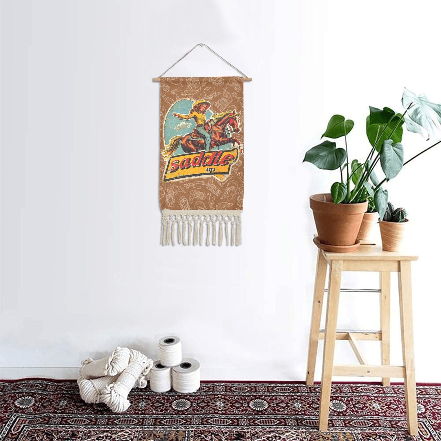 Baha Ranch Saddle Up Western Wall Decor Linen Hanging Poster with Fringe Made in America