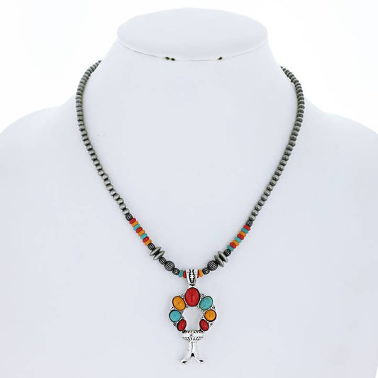 Western Semi Stone Squash Blossom Pendant Beaded Necklace