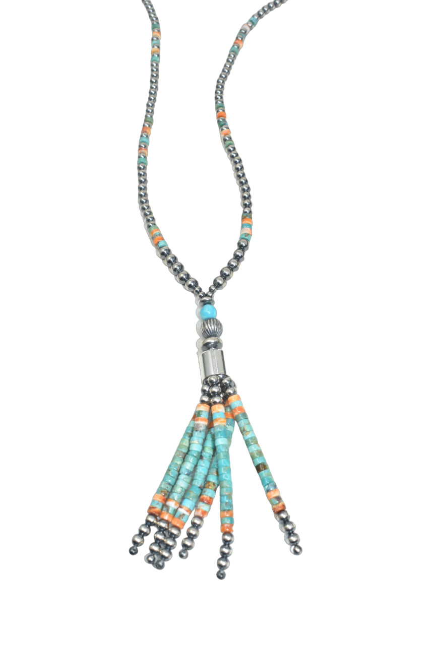 Turquoise and Spiny Oyster Navajo Pearl Lariat Necklace with Tassels