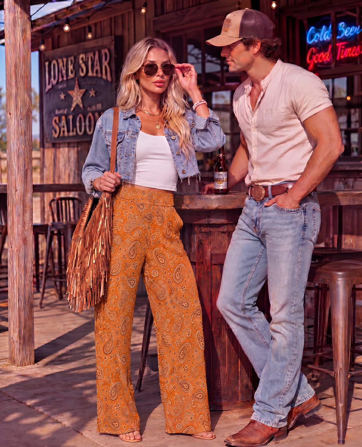 Baha Ranch Orange Paisley Bandana Wide Leg Pants