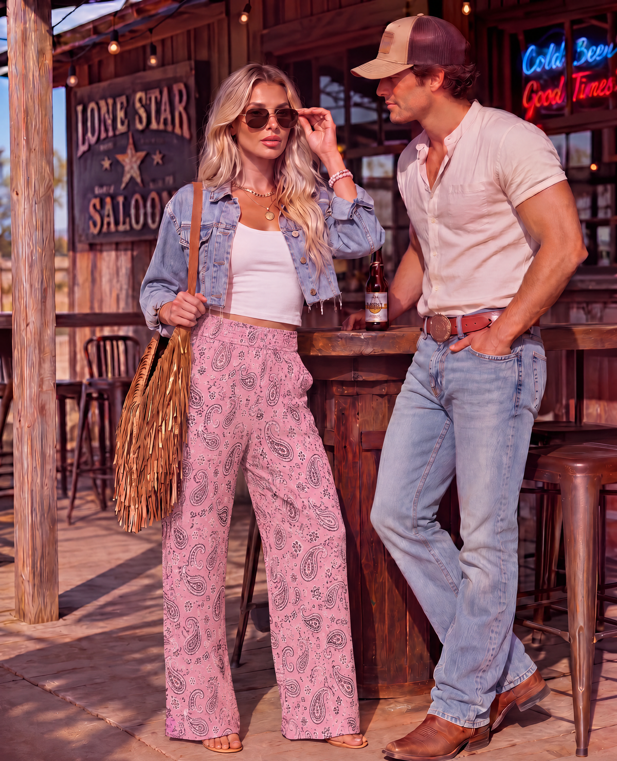 Baha Ranch Pale Pink with Gray Paisley Bandana Wide Leg Pants