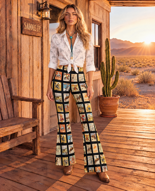 Baha Ranch Vintage Cowboy Collage Western Flare Pants