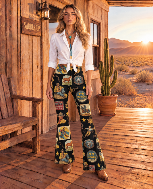 Baha Ranch Vintage Cowboy Collage Western Flare Pants