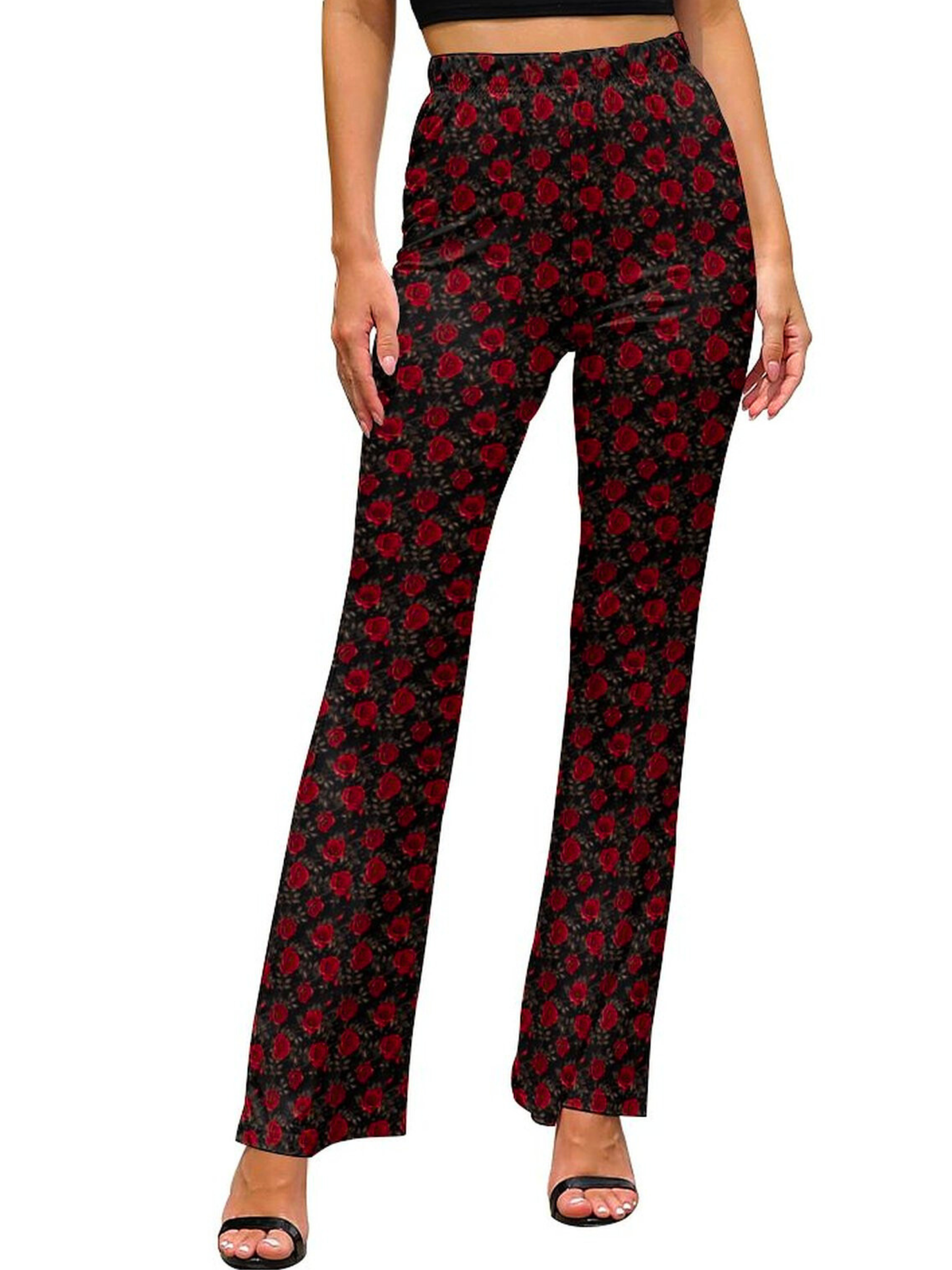 Baha Ranch Colores de Mexico Romantic Red Roses Flare Pants