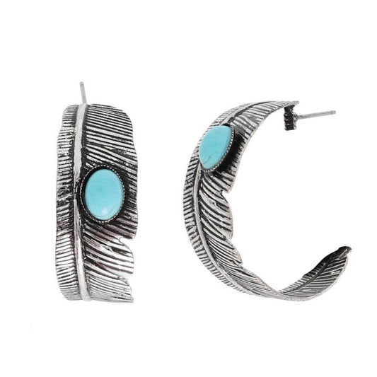 Western Turquoise Open Hoop Feather Earrings