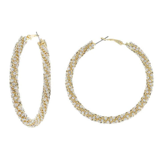 60mm Pave Twisted Rhinestone Design Hoop Earrings