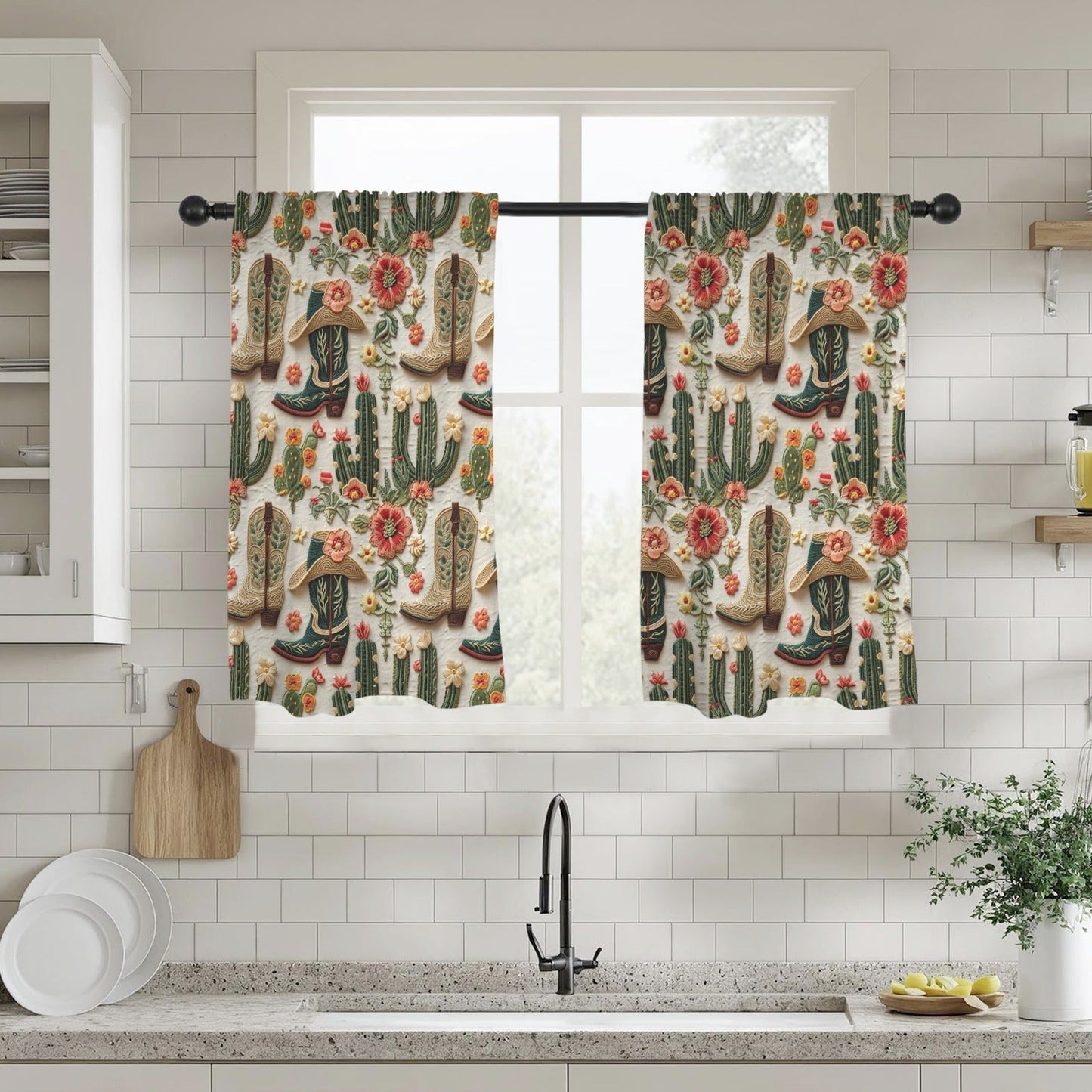 Baha Ranch Cactus and Boots Curtains 28"x40" (2-Piece) Made in America