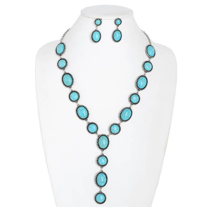 Western Oval Concho Turquoise Lariat Necklace Set