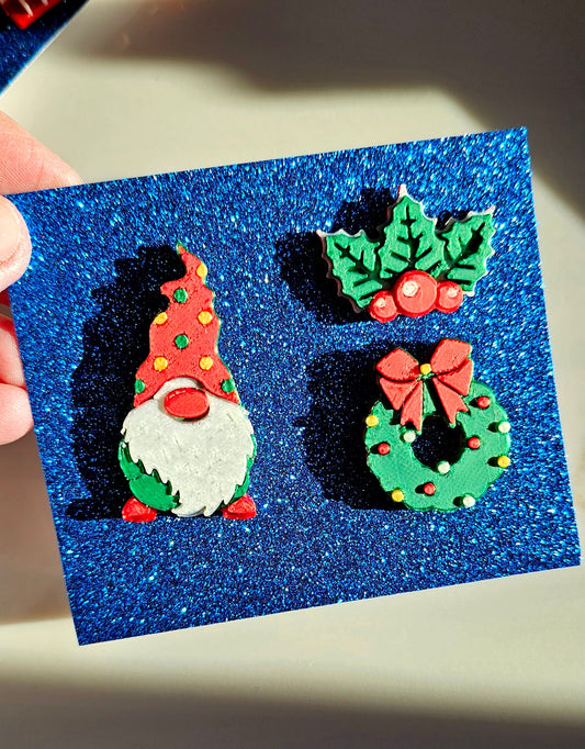 set of 3 Gnome Wreath Holly Hat Pins Christmas Made in America
