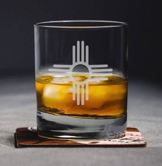 New Mexico Flag Whiskey Glass. Zia Design Rocks Glass