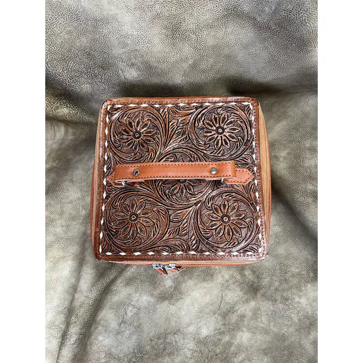 Tooled leather & Cowhide double decker jewelry box